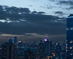City skyline at dusk